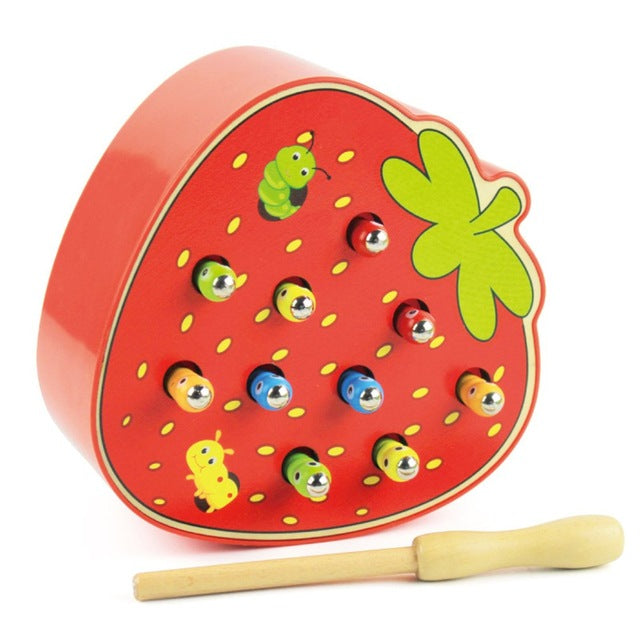 Wooden Fruit Shape Worms Catching with Magnetic Stick Game