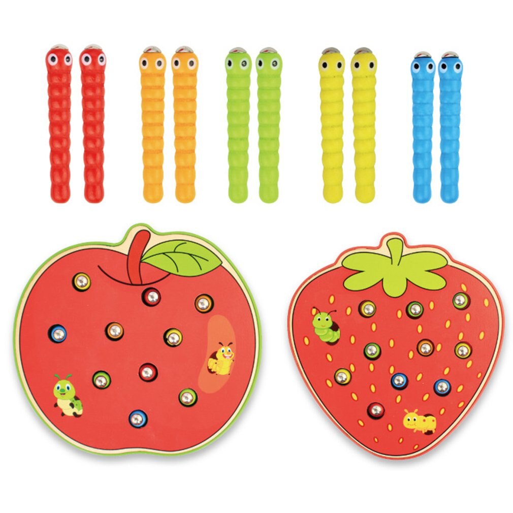 Wooden Fruit Shape Worms Catching with Magnetic Stick Game