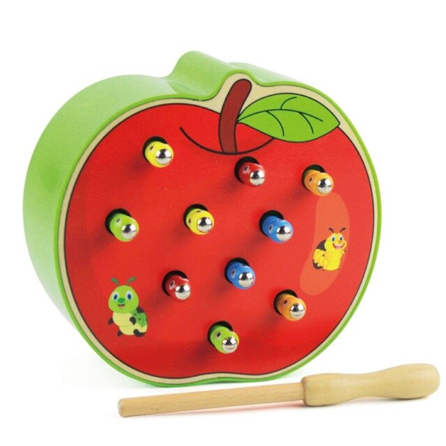 Wooden Fruit Shape Worms Catching with Magnetic Stick Game