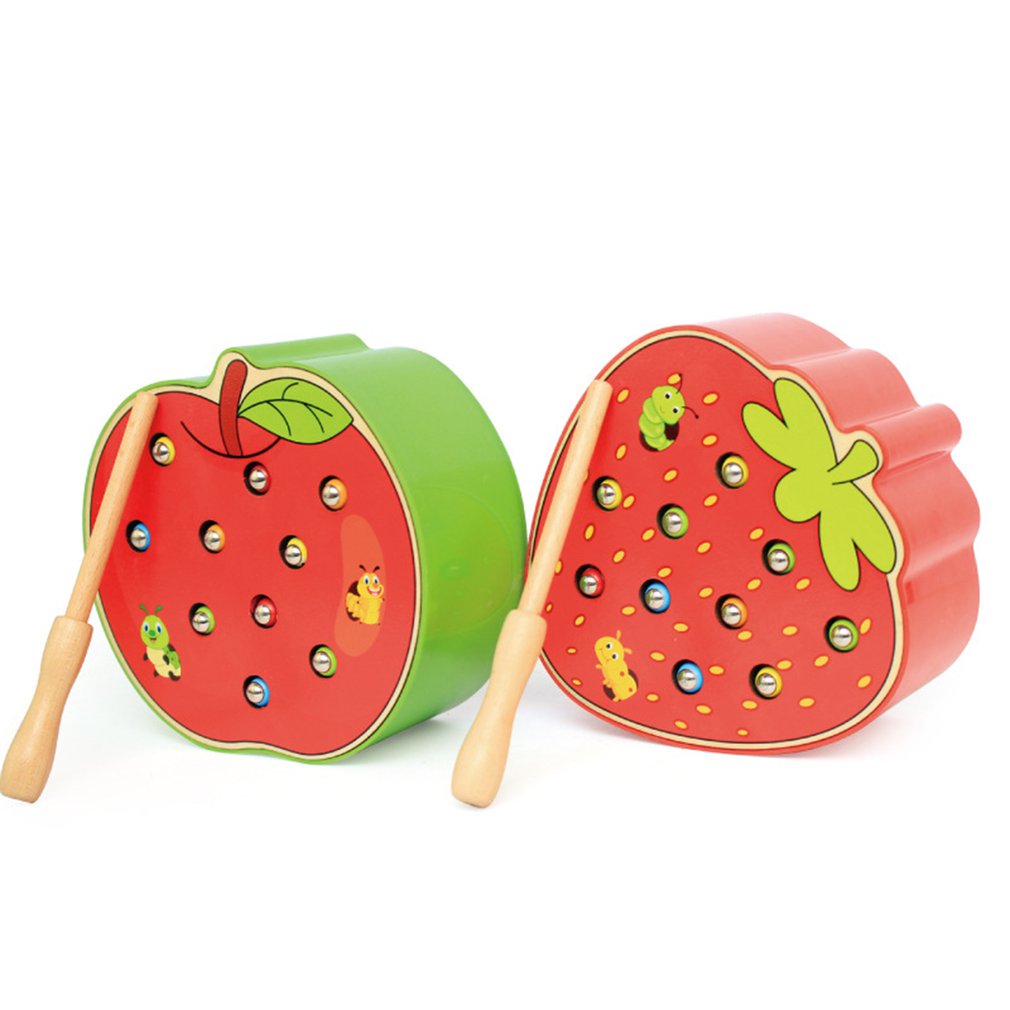 Wooden Fruit Shape Worms Catching with Magnetic Stick Game