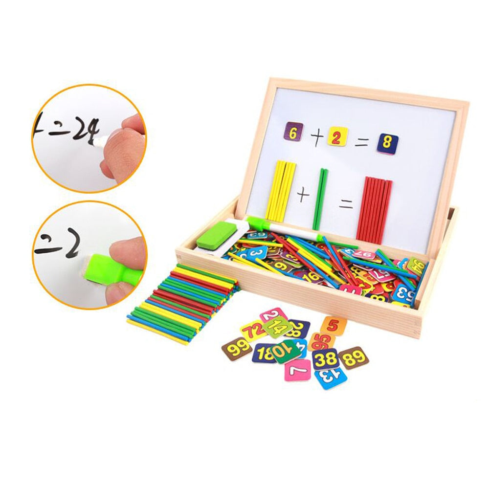 Educational Wooden Arithmetic Number Toys Box  Math Blocks Puzzles With Counting Sticks & Blackboard