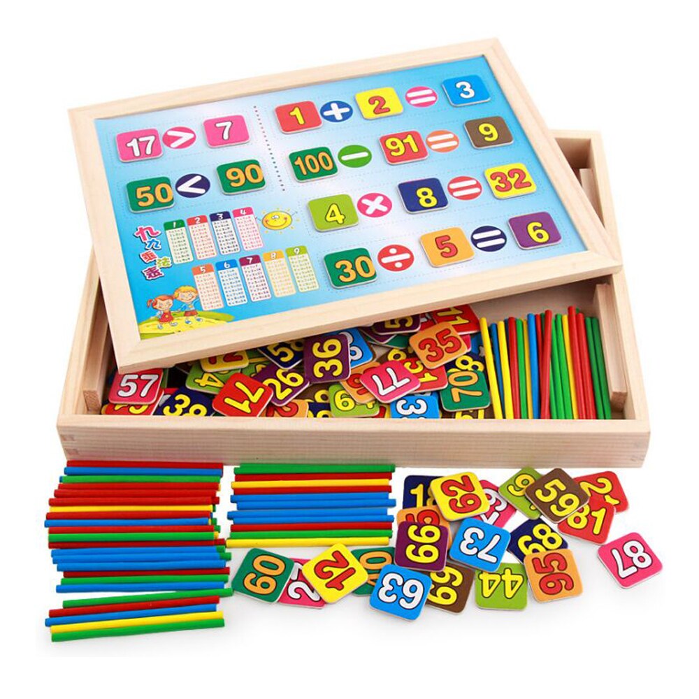 Educational Wooden Arithmetic Number Toys Box  Math Blocks Puzzles With Counting Sticks & Blackboard