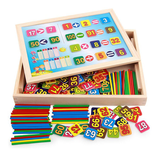 Educational Wooden Arithmetic Number Toys Box  Math Blocks Puzzles With Counting Sticks & Blackboard